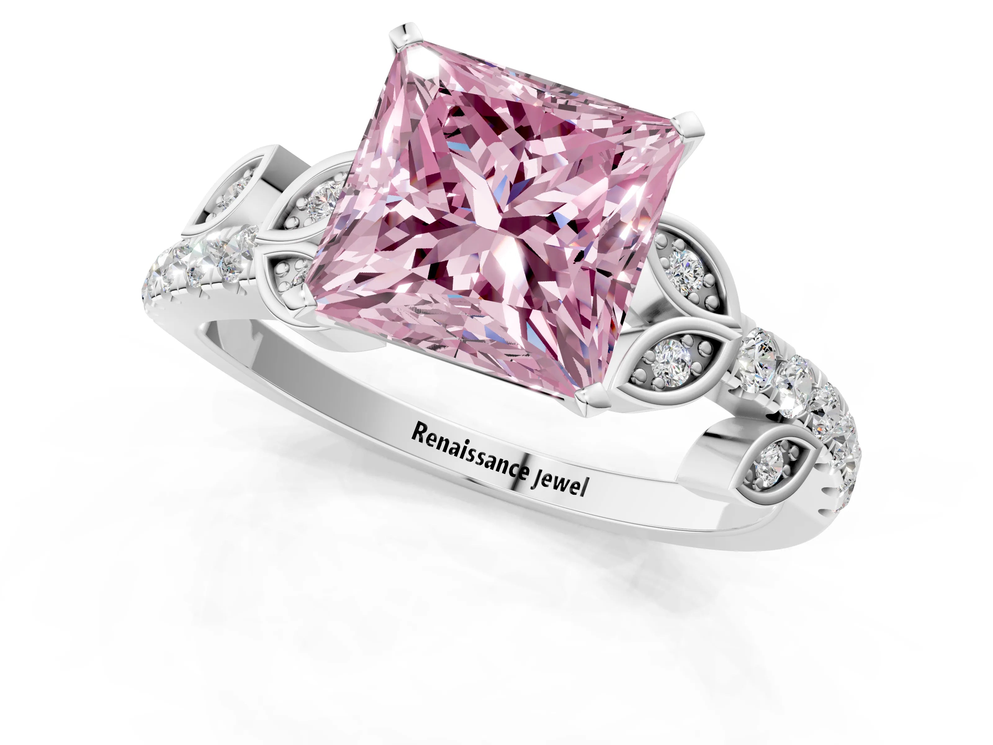 White gold Fancy Pink Princess Cut Solitaire Leaf-Inspired Diamond Ring with Pavé Band and Four-Prong Setting_13