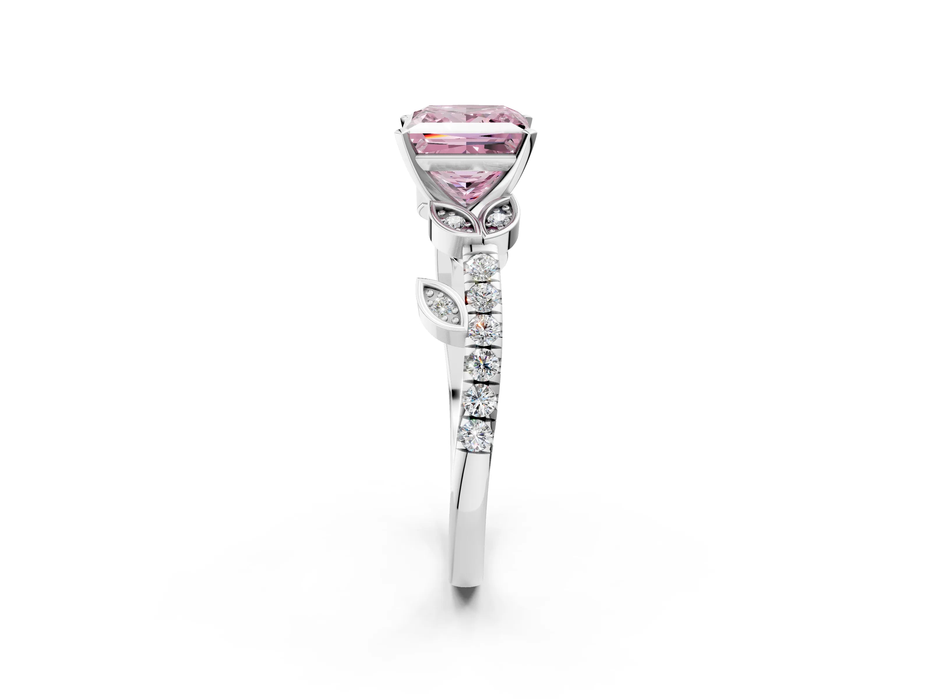 White gold Fancy Pink Princess Cut Solitaire Leaf-Inspired Diamond Ring with Pavé Band and Four-Prong Setting_14