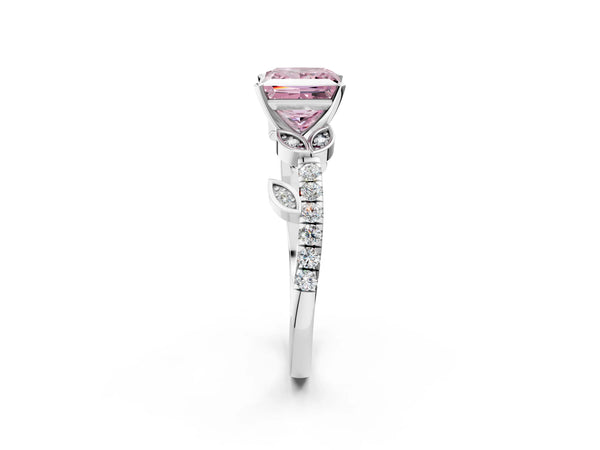 Platinum Fancy Pink Princess Cut Solitaire Leaf-Inspired Diamond Ring with Pavé Band and Four-Prong Setting