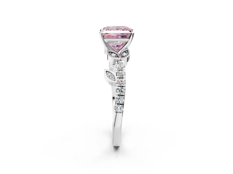White gold Fancy Pink Princess Cut Solitaire Leaf-Inspired Diamond Ring with Pavé Band and Four-Prong Setting_14