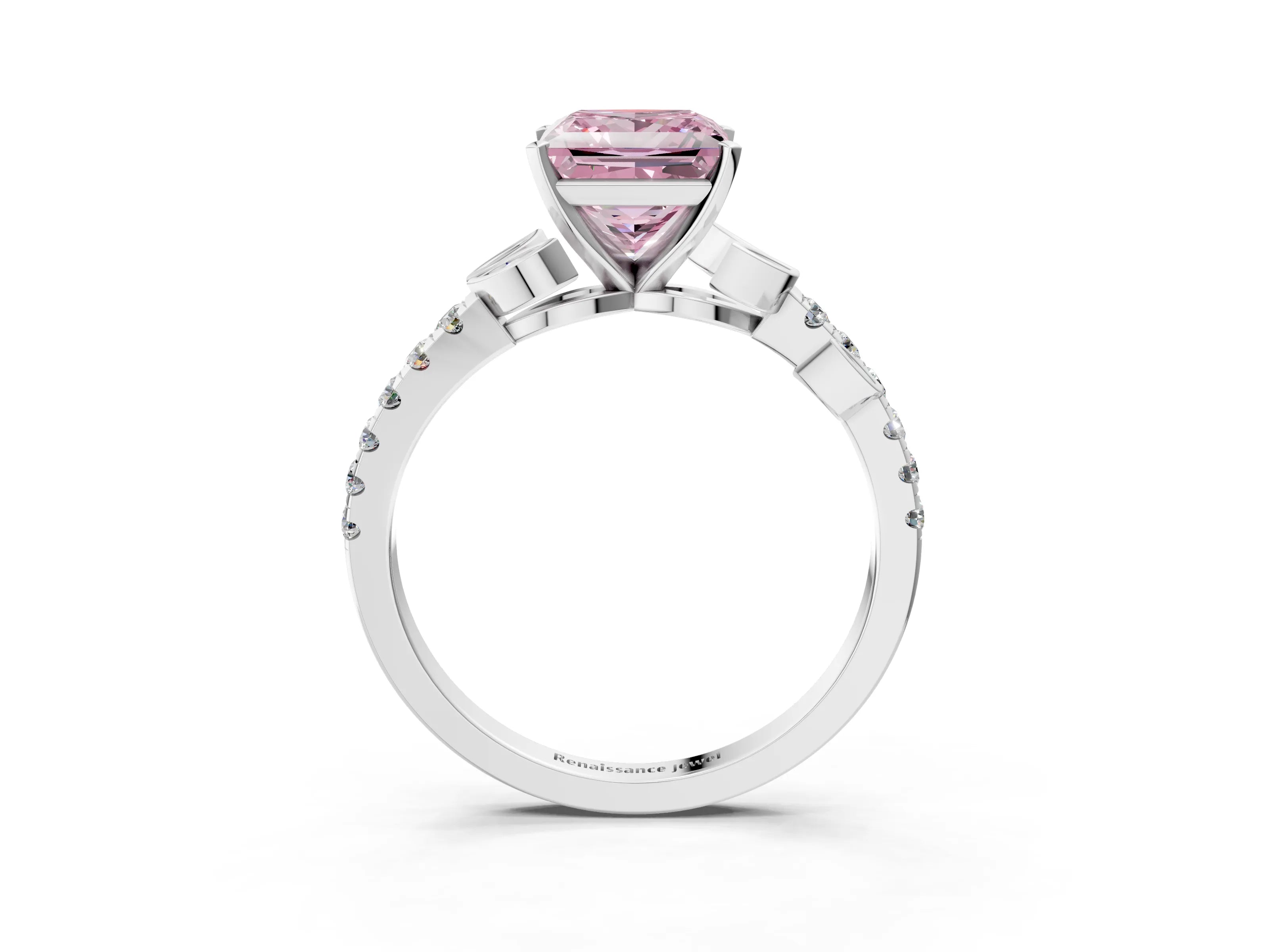 White gold Fancy Pink Princess Cut Solitaire Leaf-Inspired Diamond Ring with Pavé Band and Four-Prong Setting_15
