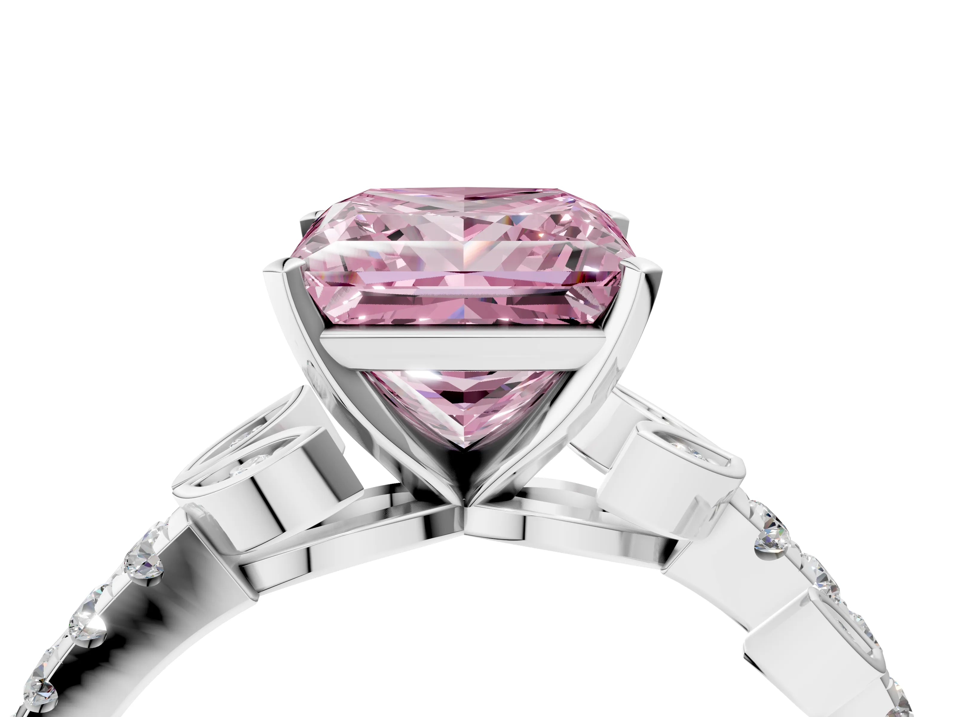 White gold Fancy Pink Princess Cut Solitaire Leaf-Inspired Diamond Ring with Pavé Band and Four-Prong Setting_16