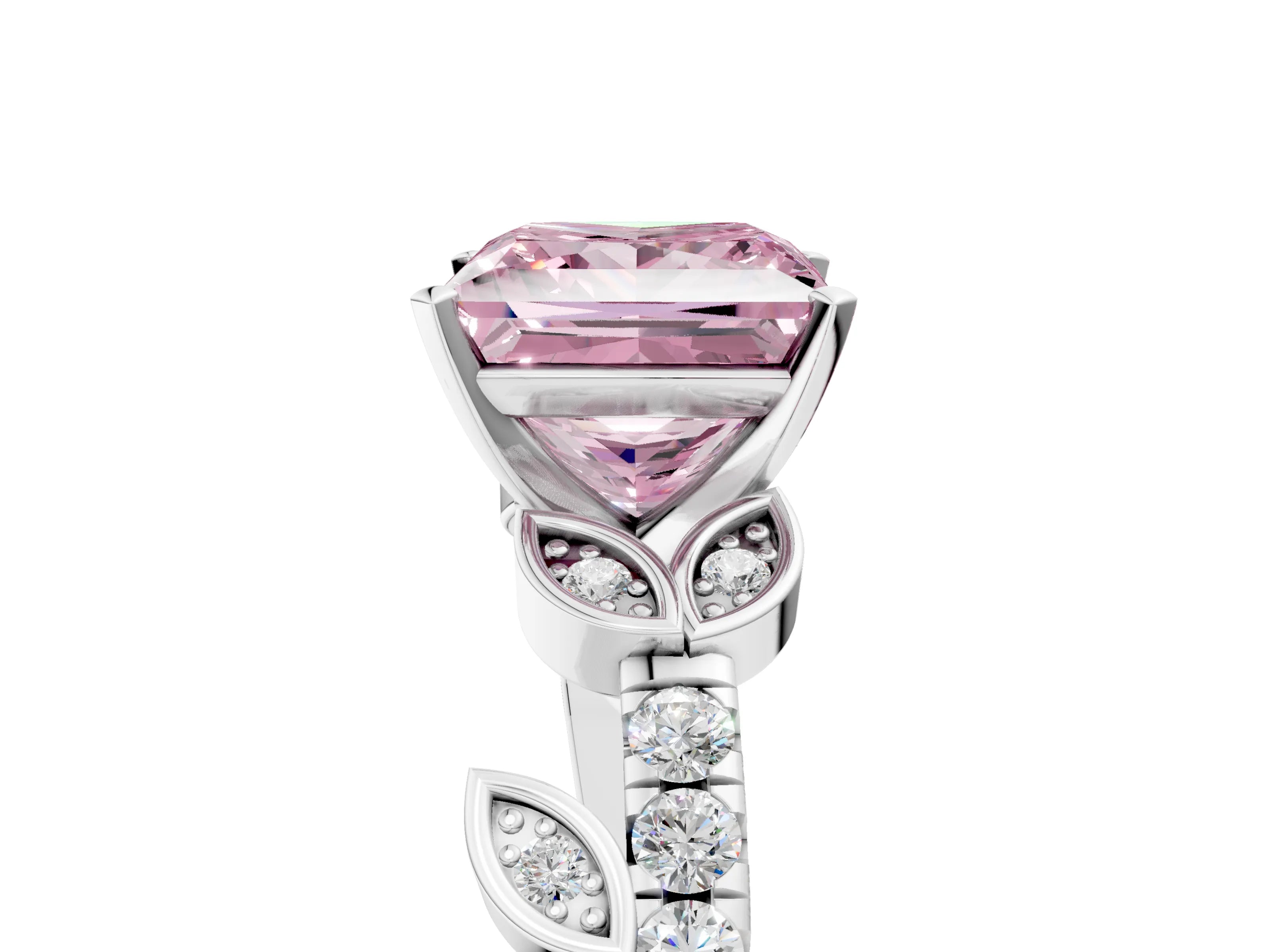 White gold Fancy Pink Princess Cut Solitaire Leaf-Inspired Diamond Ring with Pavé Band and Four-Prong Setting_17