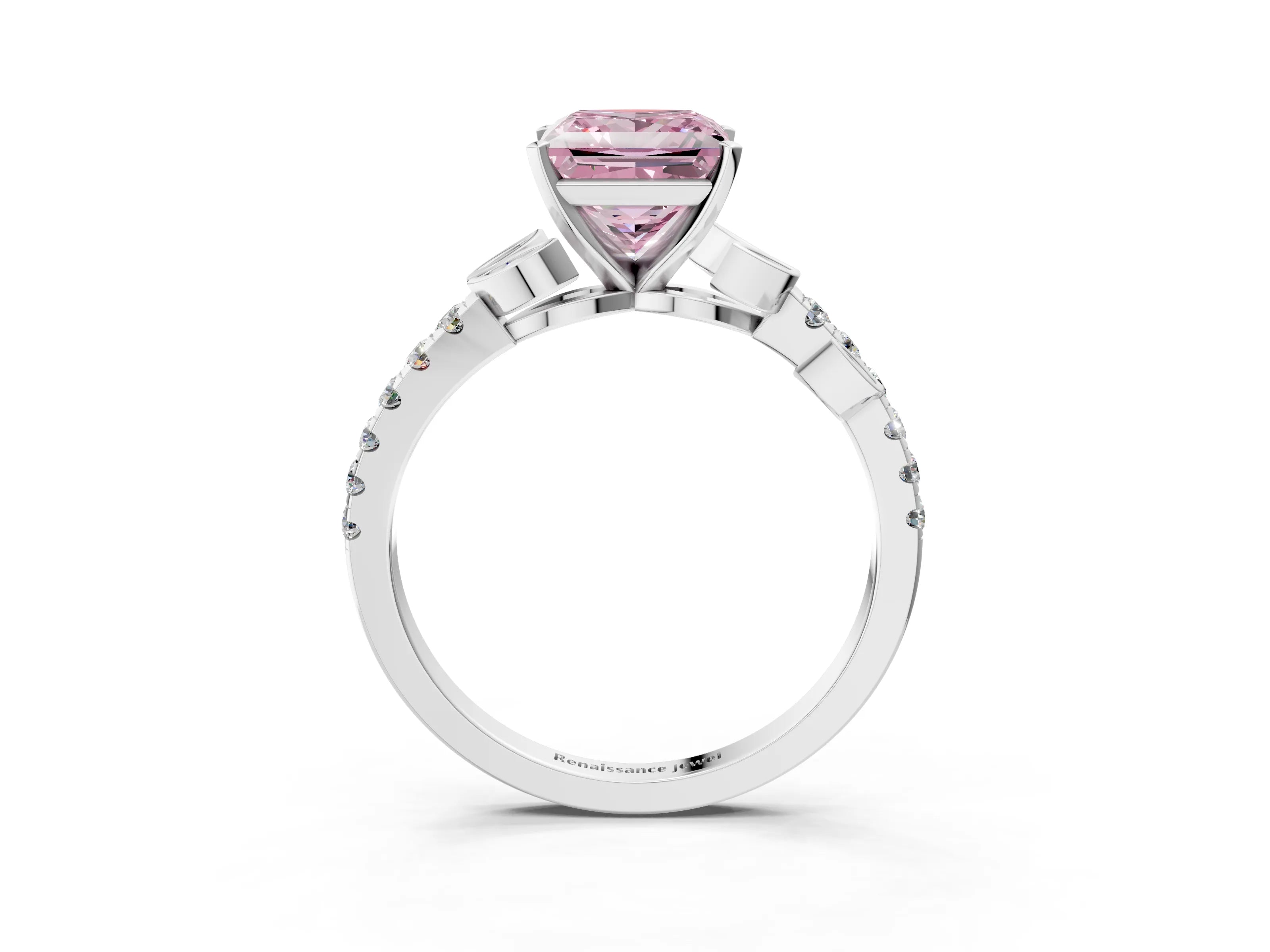 White gold Fancy Pink Princess Cut Solitaire Leaf-Inspired Diamond Ring with Pavé Band and Four-Prong Setting_3