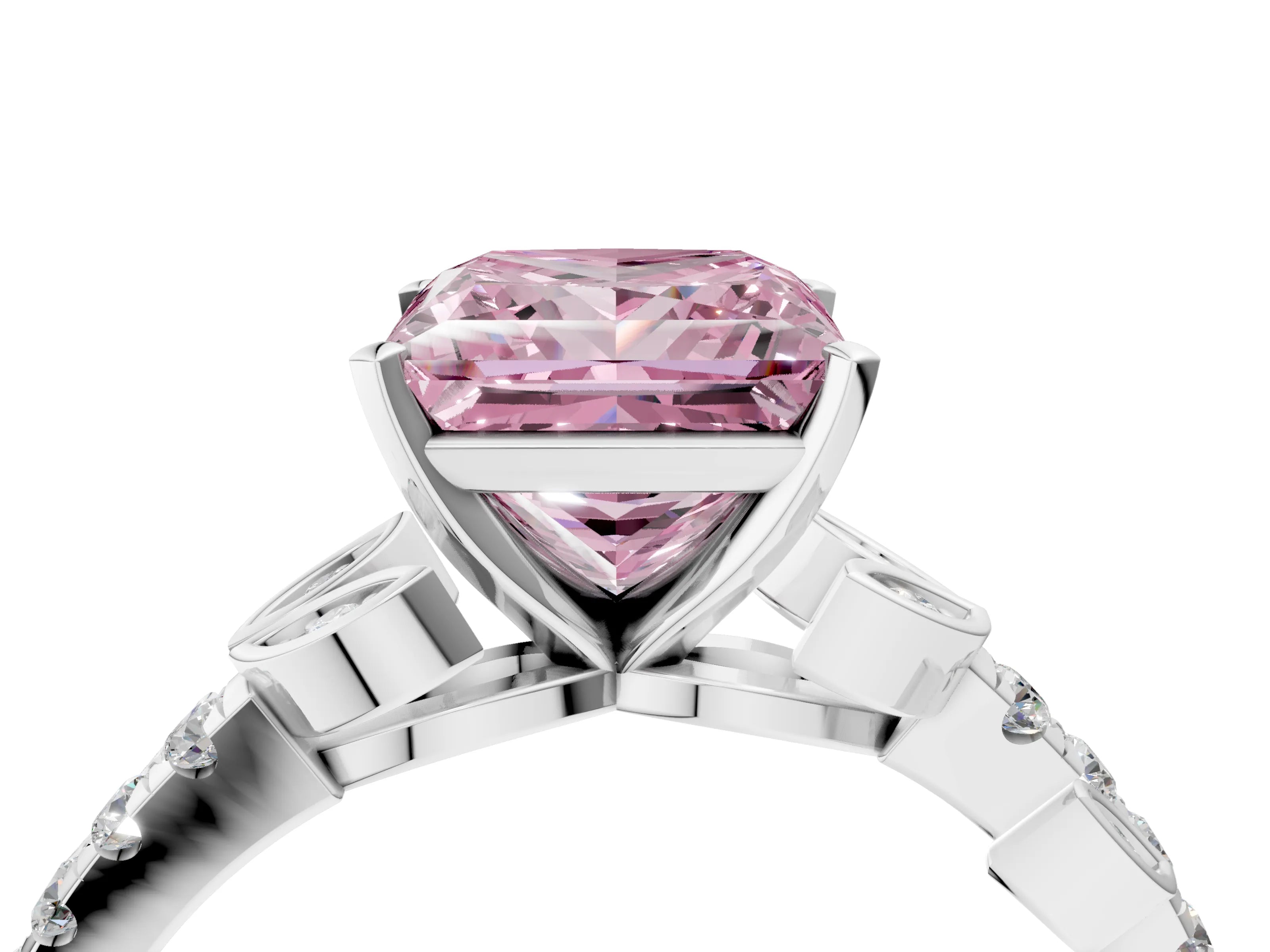 White gold Fancy Pink Princess Cut Solitaire Leaf-Inspired Diamond Ring with Pavé Band and Four-Prong Setting_4