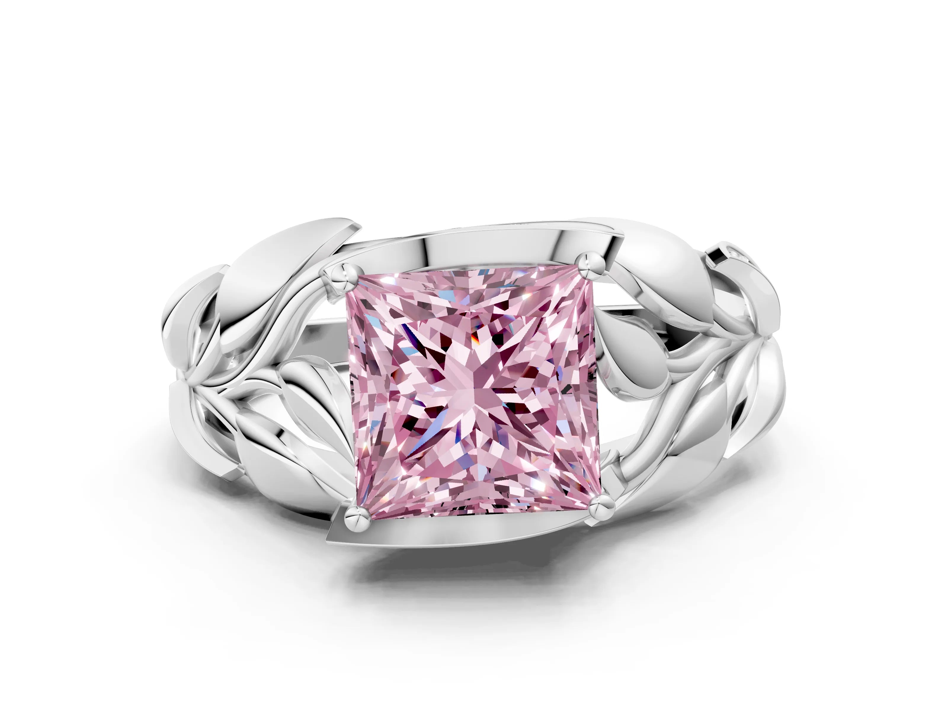 White gold Fancy Pink Princess Cut Solitaire Leaf-Inspired Engagement Ring with Prong Setting