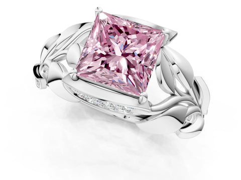 White gold Fancy Pink Princess Cut Solitaire Leaf-Inspired Engagement Ring with Prong Setting_1