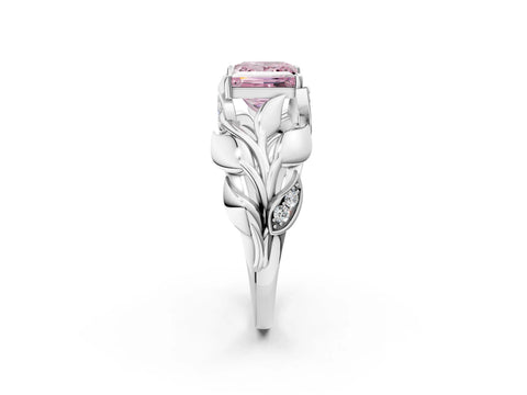 White gold Fancy Pink Princess Cut Solitaire Leaf-Inspired Engagement Ring with Prong Setting_2