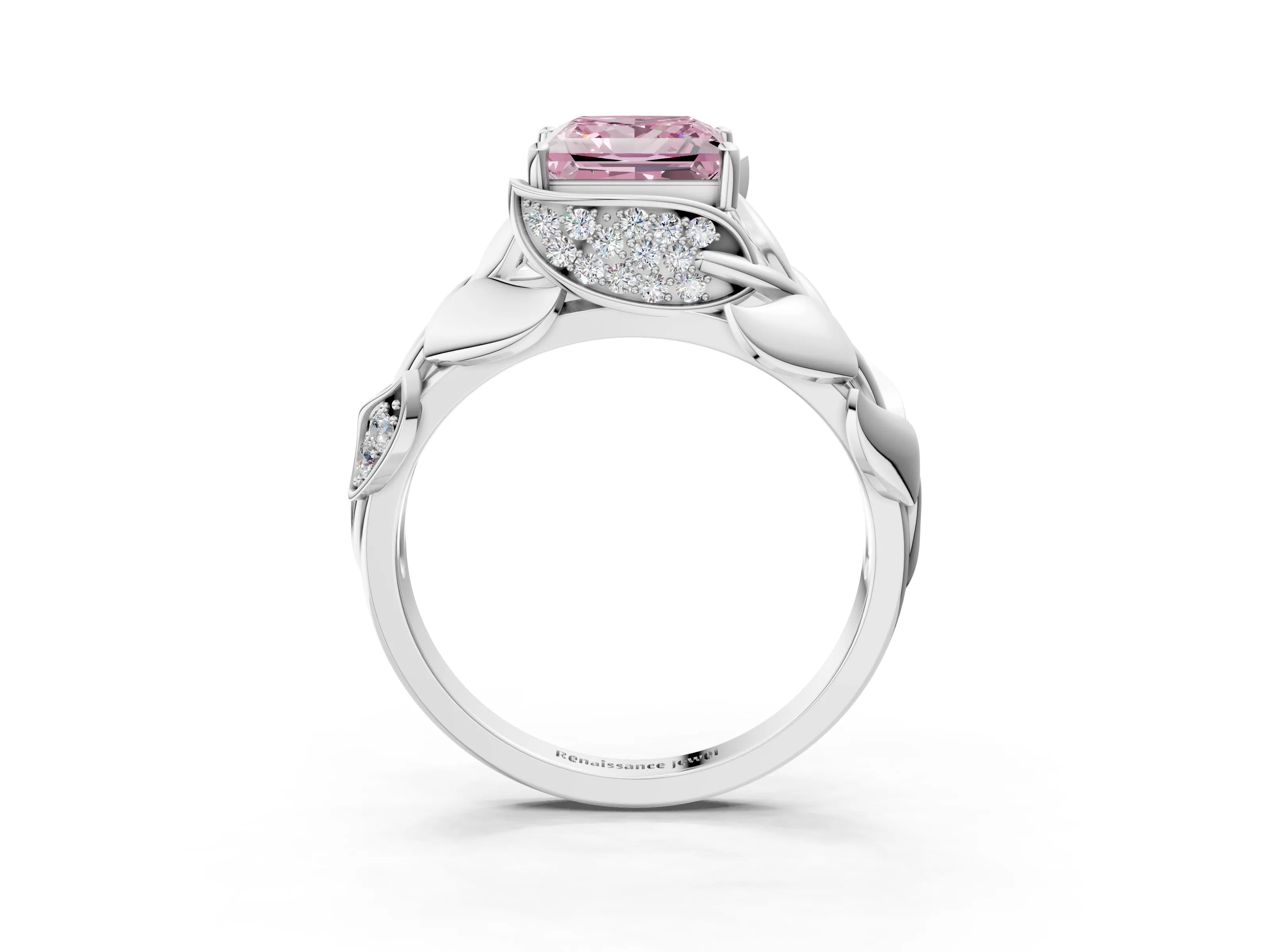 White gold Fancy Pink Princess Cut Solitaire Leaf-Inspired Engagement Ring with Prong Setting_3