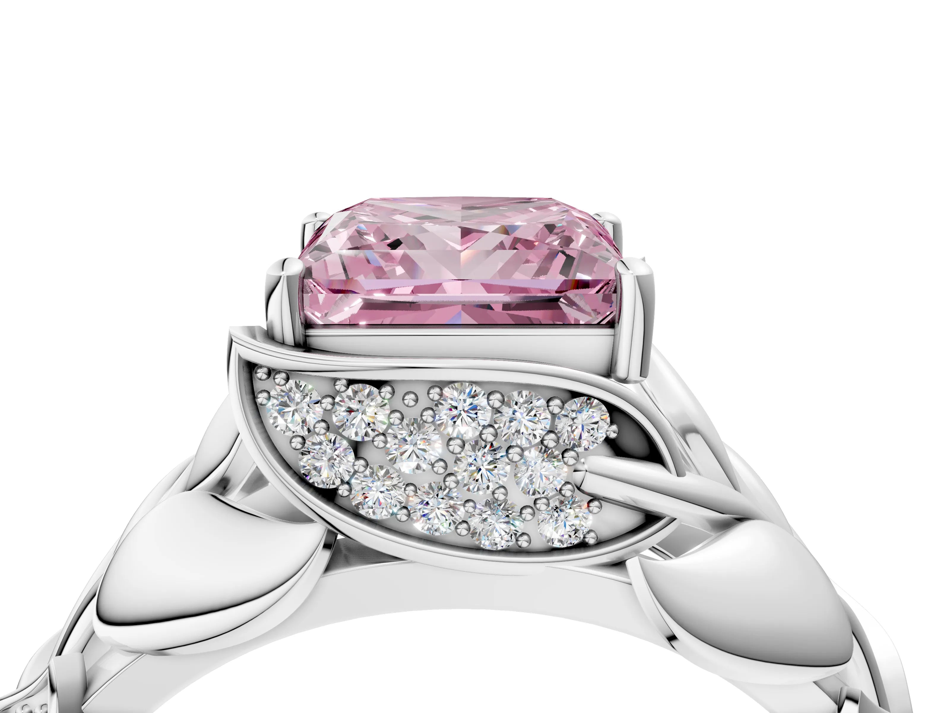 White gold Fancy Pink Princess Cut Solitaire Leaf-Inspired Engagement Ring with Prong Setting_4