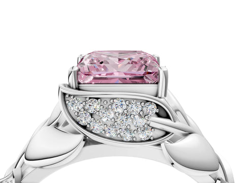 White gold Fancy Pink Princess Cut Solitaire Leaf-Inspired Engagement Ring with Prong Setting_4