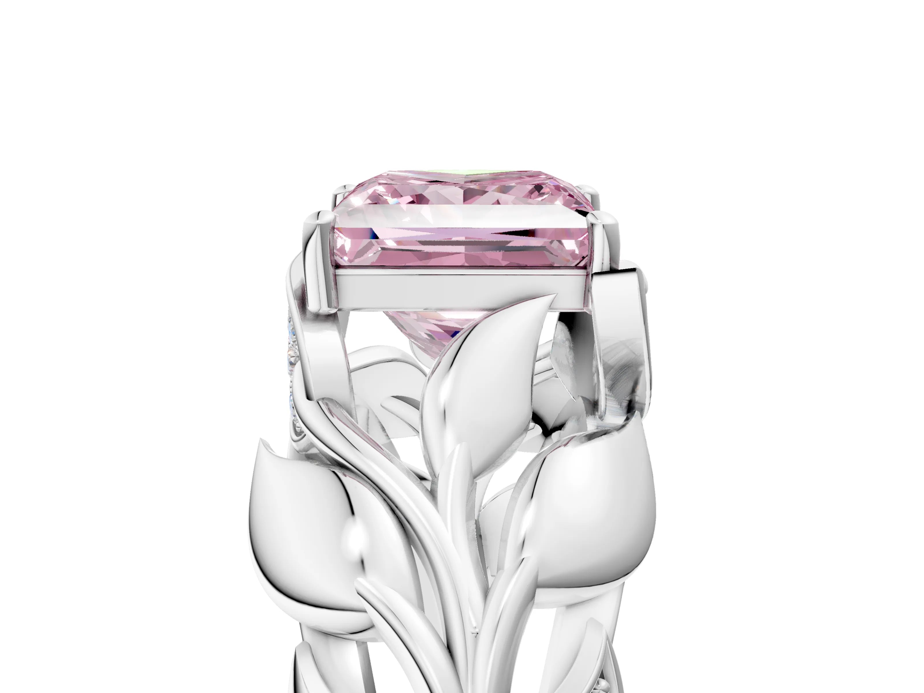White gold Fancy Pink Princess Cut Solitaire Leaf-Inspired Engagement Ring with Prong Setting_5