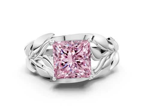 White gold Fancy Pink Princess Cut Solitaire Leaf-Inspired Engagement Ring with Prong Setting