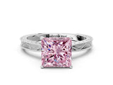 White gold Fancy Pink Princess Cut Solitaire Milgrain Engraved Band with Four-Prong Setting