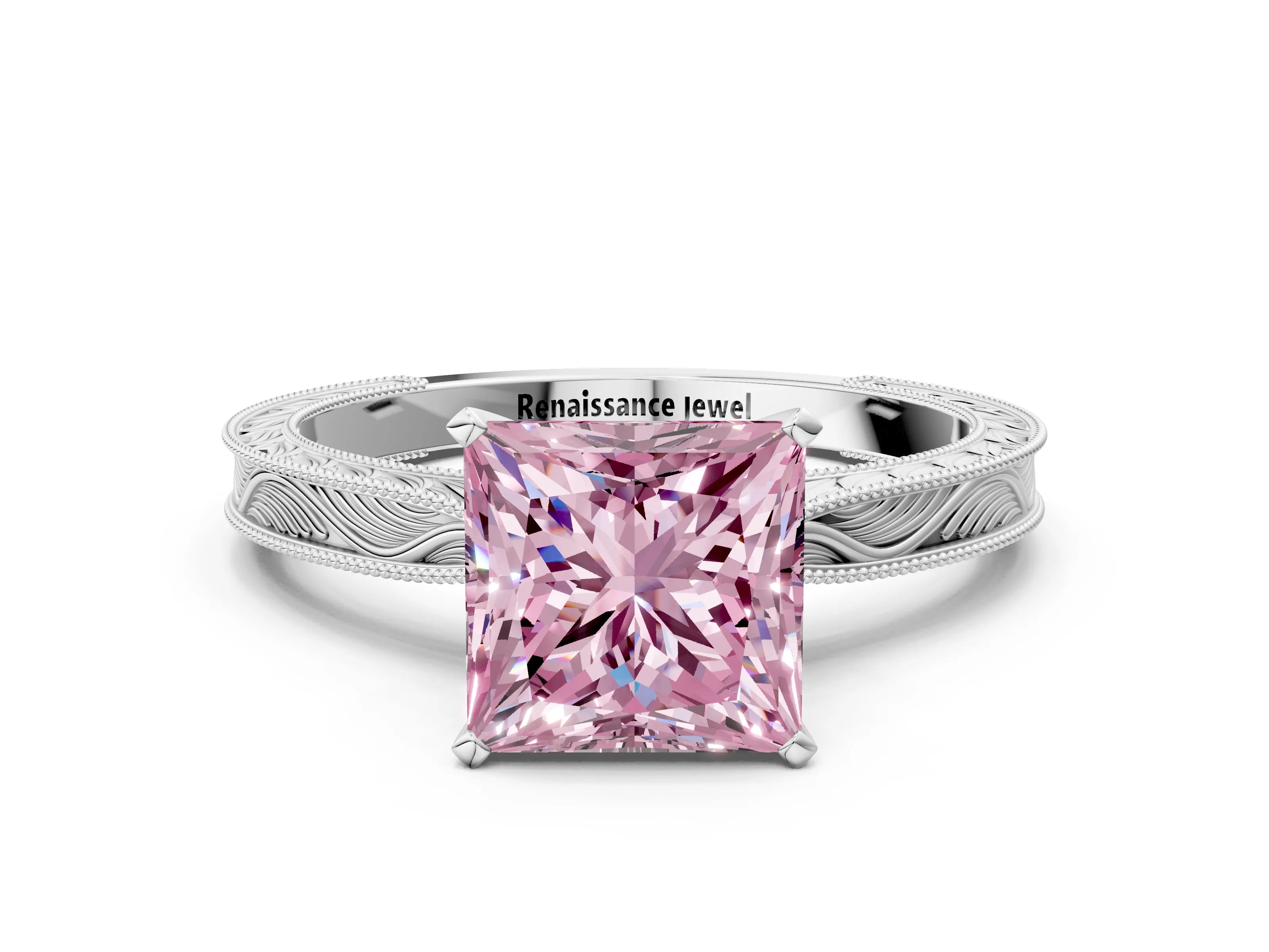 White gold Fancy Pink Princess Cut Solitaire Milgrain Engraved Band with Four-Prong Setting_12