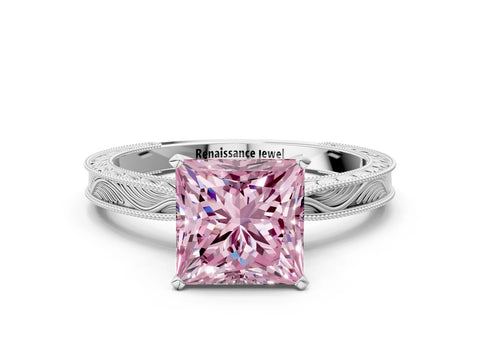 White gold Fancy Pink Princess Cut Solitaire Milgrain Engraved Band with Four-Prong Setting_12