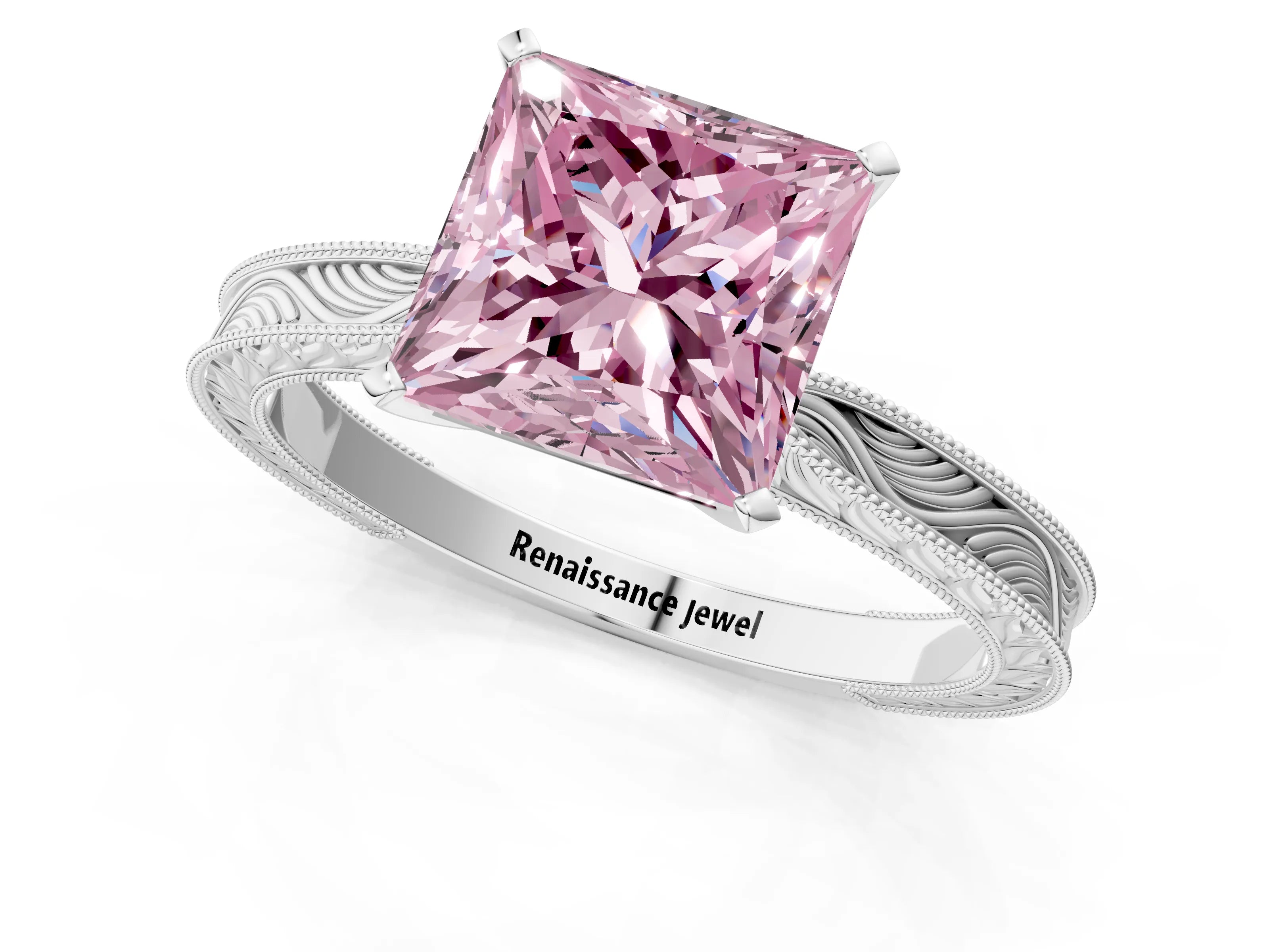 White gold Fancy Pink Princess Cut Solitaire Milgrain Engraved Band with Four-Prong Setting_13