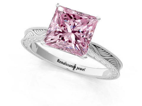 White gold Fancy Pink Princess Cut Solitaire Milgrain Engraved Band with Four-Prong Setting_13