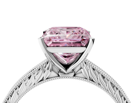 White gold Fancy Pink Princess Cut Solitaire Milgrain Engraved Band with Four-Prong Setting_16
