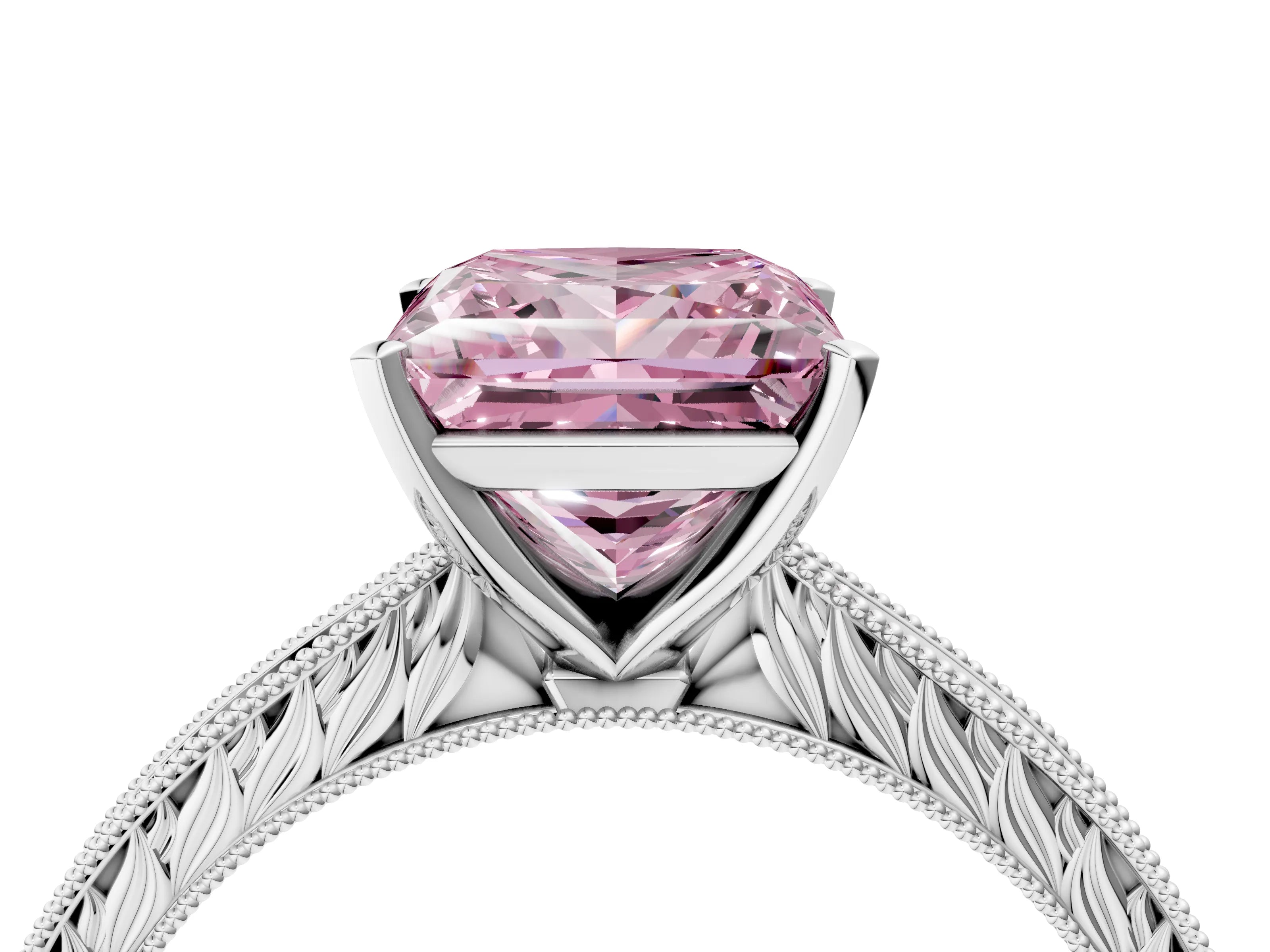 White gold Fancy Pink Princess Cut Solitaire Milgrain Engraved Band with Four-Prong Setting_16