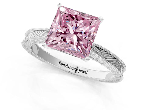 White gold Fancy Pink Princess Cut Solitaire Milgrain Engraved Band with Four-Prong Setting_1