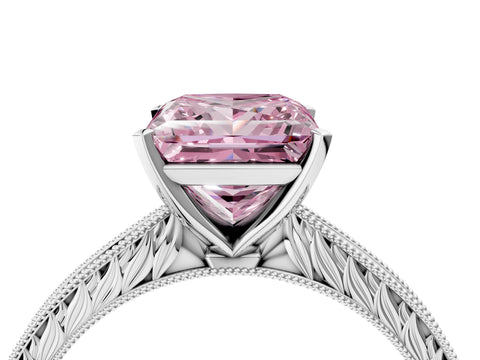 White gold Fancy Pink Princess Cut Solitaire Milgrain Engraved Band with Four-Prong Setting_4