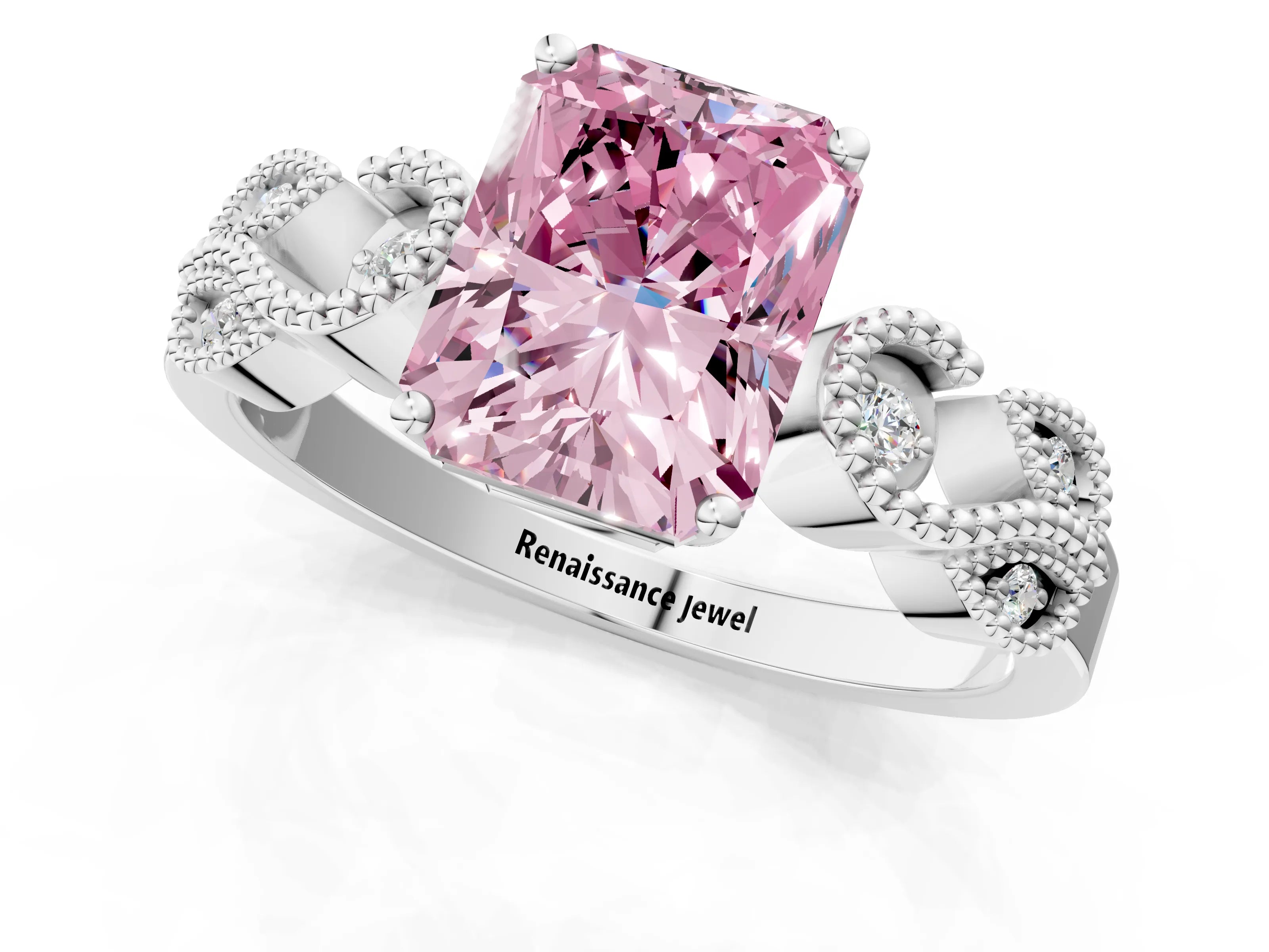 White gold Fancy Pink Princess Cut Solitaire Milgrain Leaf Band with Prong Setting_1