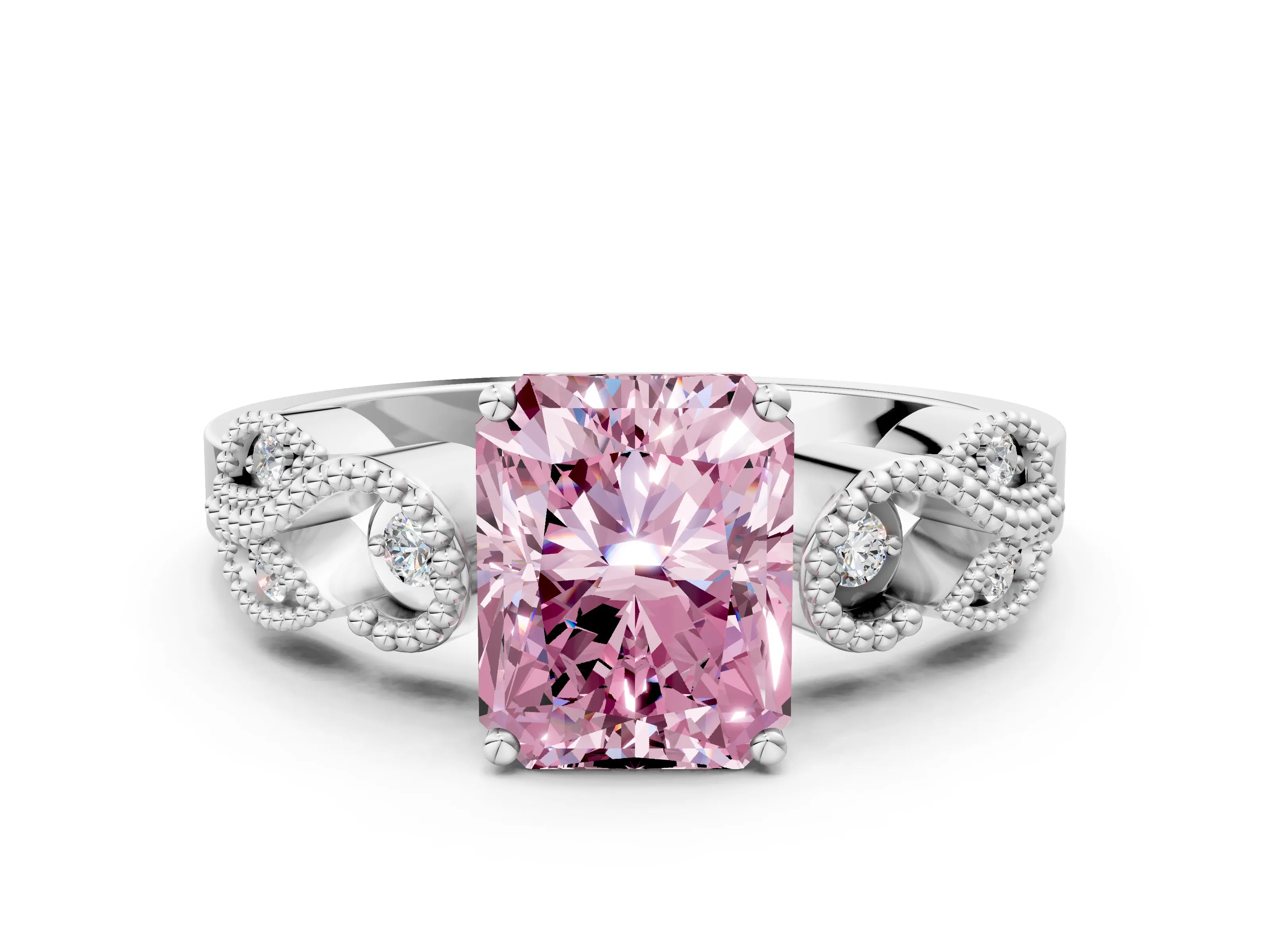 White gold Fancy Pink Princess Cut Solitaire Milgrain Leaf Band with Prong Setting_12
