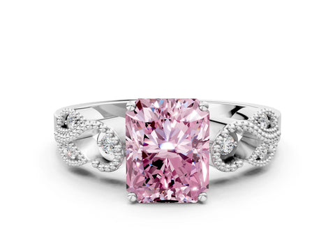 White gold Fancy Pink Princess Cut Solitaire Milgrain Leaf Band with Prong Setting_12