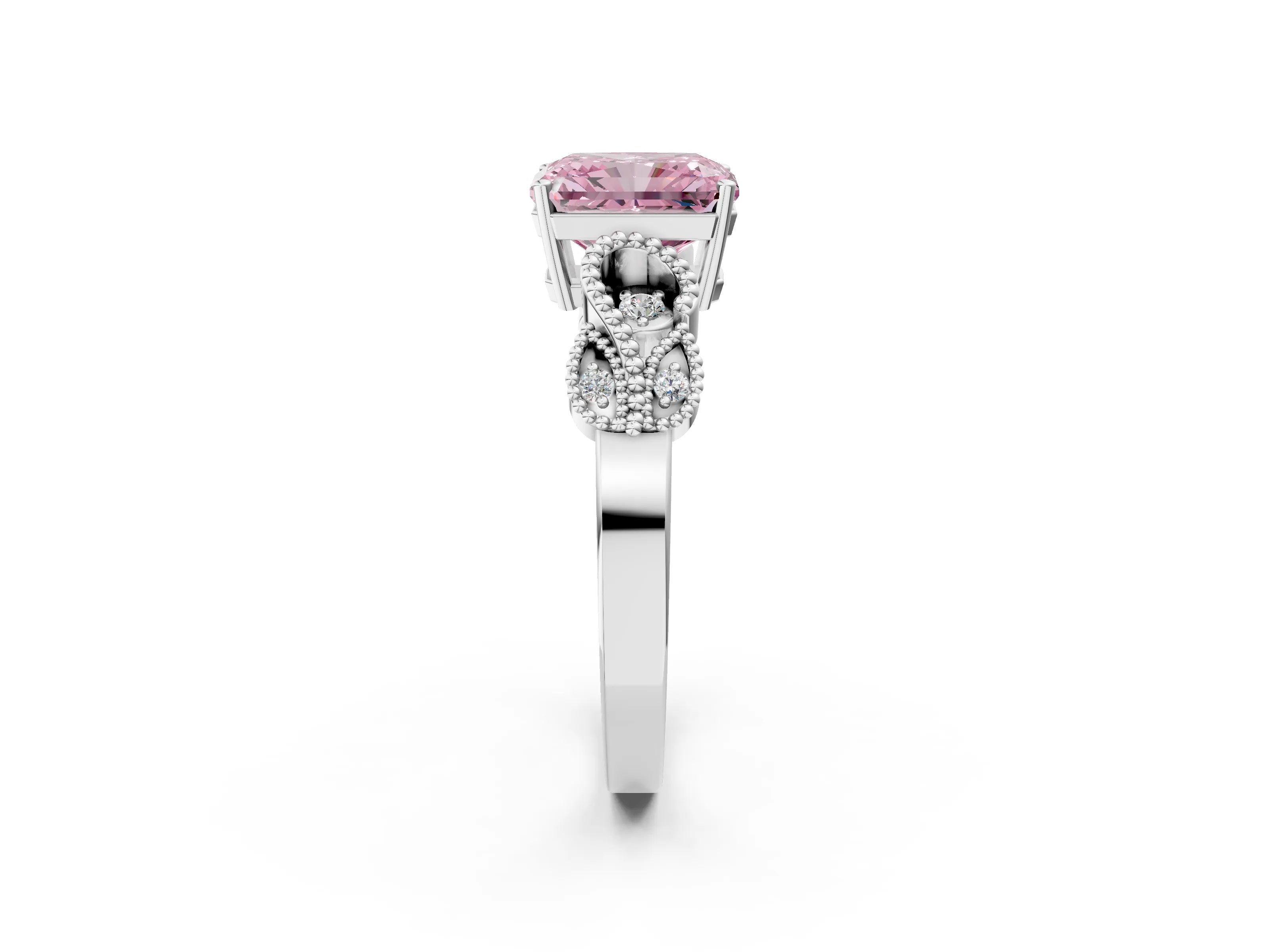White gold Fancy Pink Princess Cut Solitaire Milgrain Leaf Band with Prong Setting_14