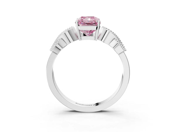 Platinum Fancy Pink Princess Cut Solitaire Milgrain Leaf Band with Prong Setting