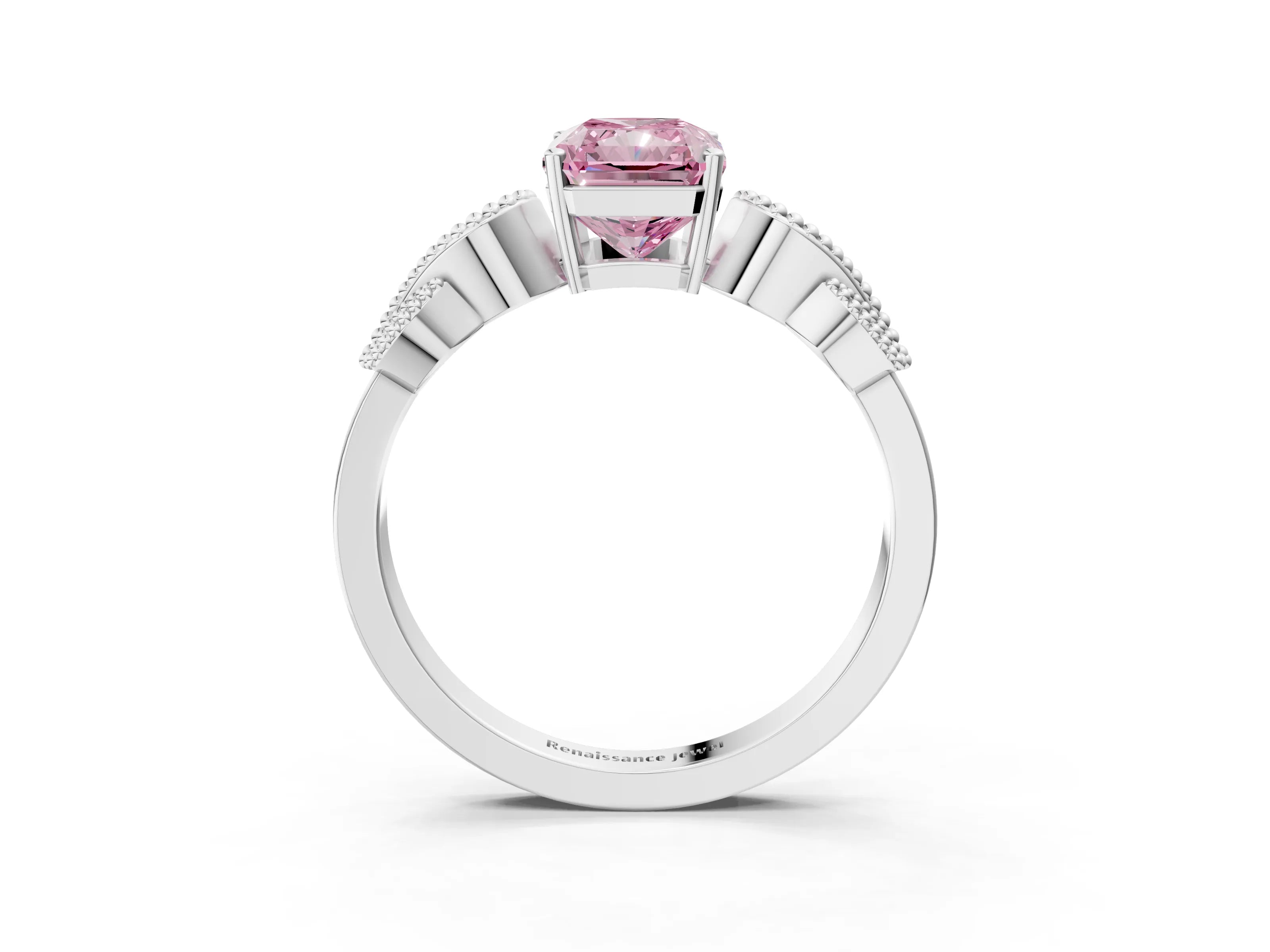 White gold Fancy Pink Princess Cut Solitaire Milgrain Leaf Band with Prong Setting_15