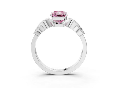 White gold Fancy Pink Princess Cut Solitaire Milgrain Leaf Band with Prong Setting_3