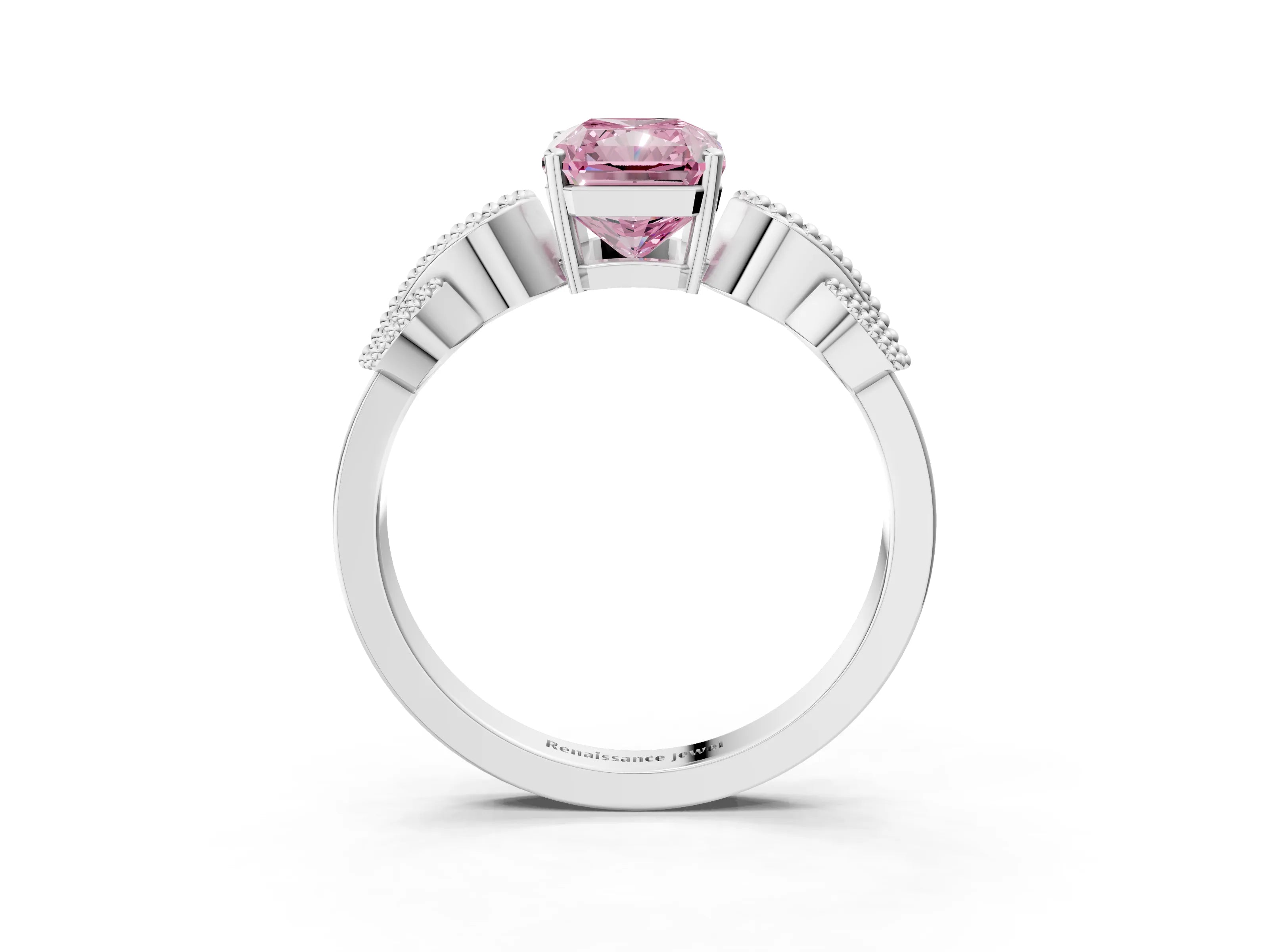 White gold Fancy Pink Princess Cut Solitaire Milgrain Leaf Band with Prong Setting_3