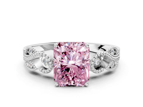 White gold Fancy Pink Princess Cut Solitaire Milgrain Leaf Band with Prong Setting