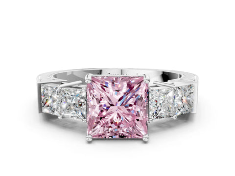 White gold Fancy Pink Princess Cut Solitaire Princess Side Stone Engraved Band Prong Setting Ring_12