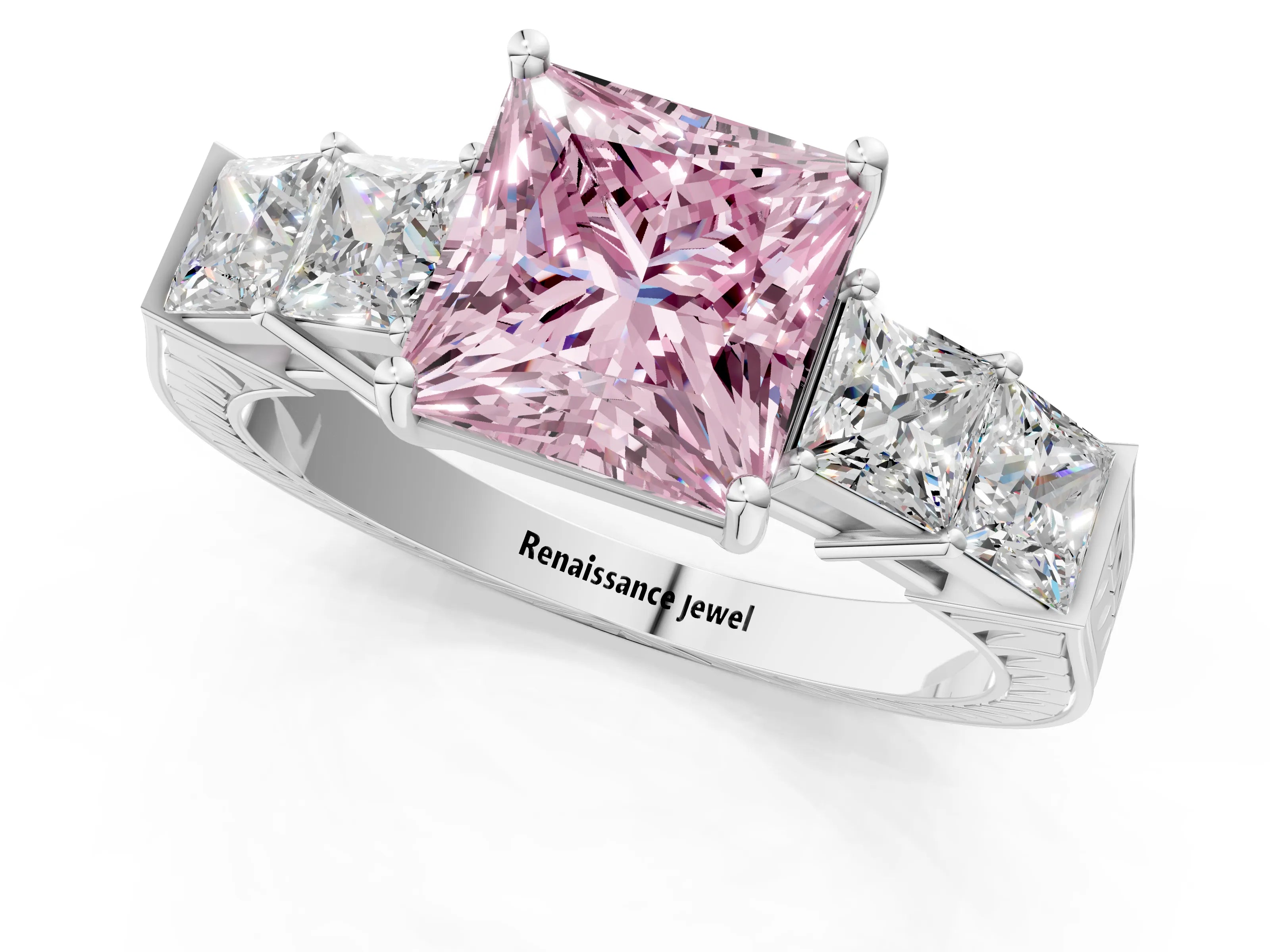 White gold Fancy Pink Princess Cut Solitaire Princess Side Stone Engraved Band Prong Setting Ring_13