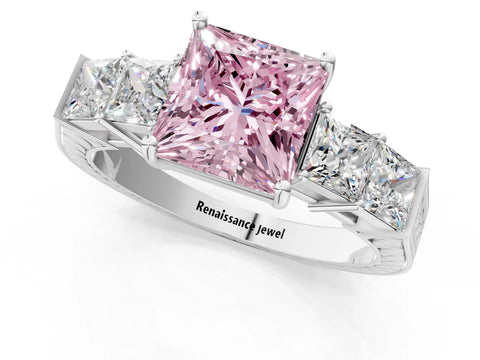White gold Fancy Pink Princess Cut Solitaire Princess Side Stone Engraved Band Prong Setting Ring_13