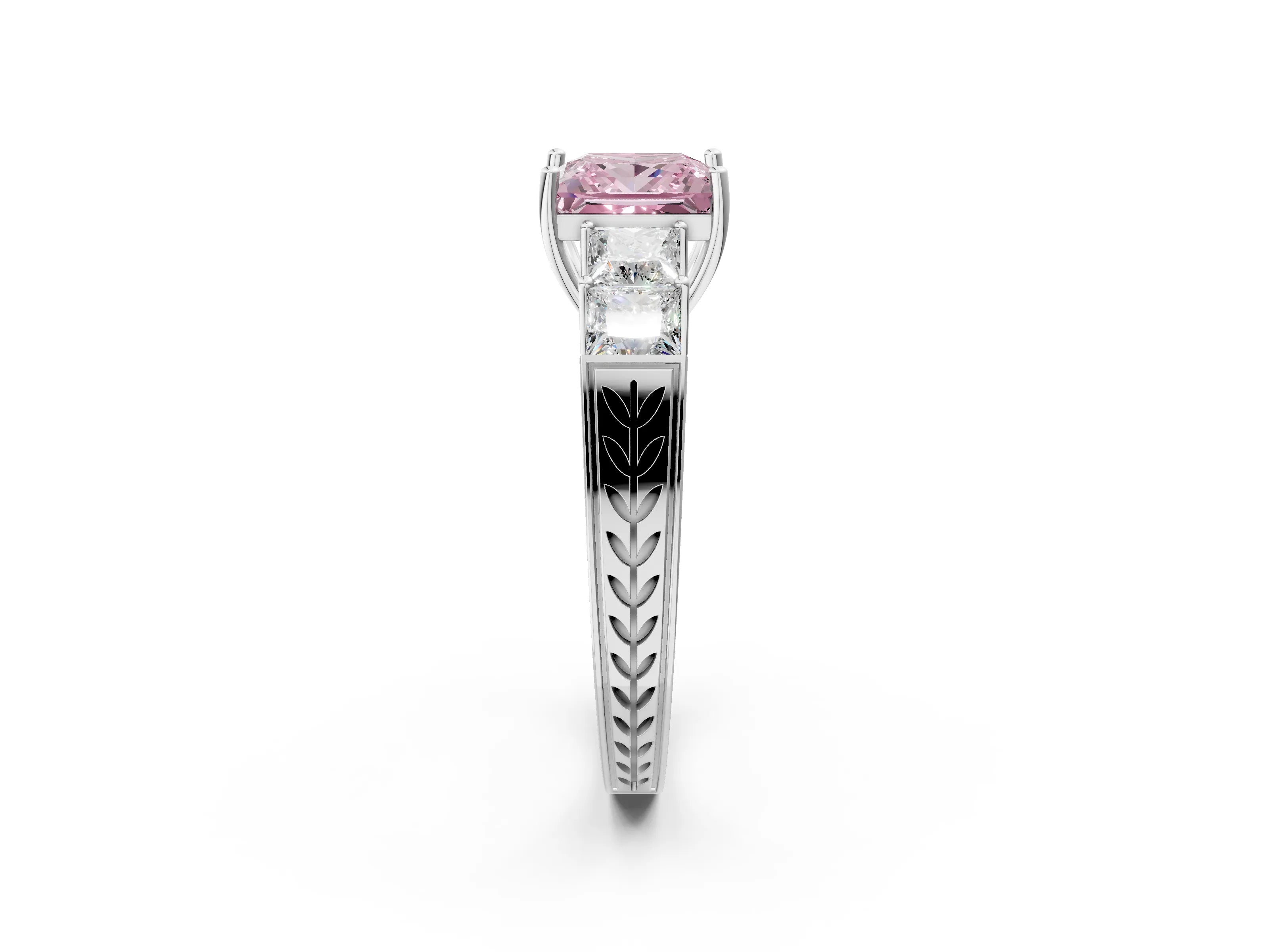 White gold Fancy Pink Princess Cut Solitaire Princess Side Stone Engraved Band Prong Setting Ring_14