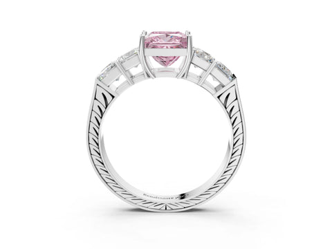 White gold Fancy Pink Princess Cut Solitaire Princess Side Stone Engraved Band Prong Setting Ring_15