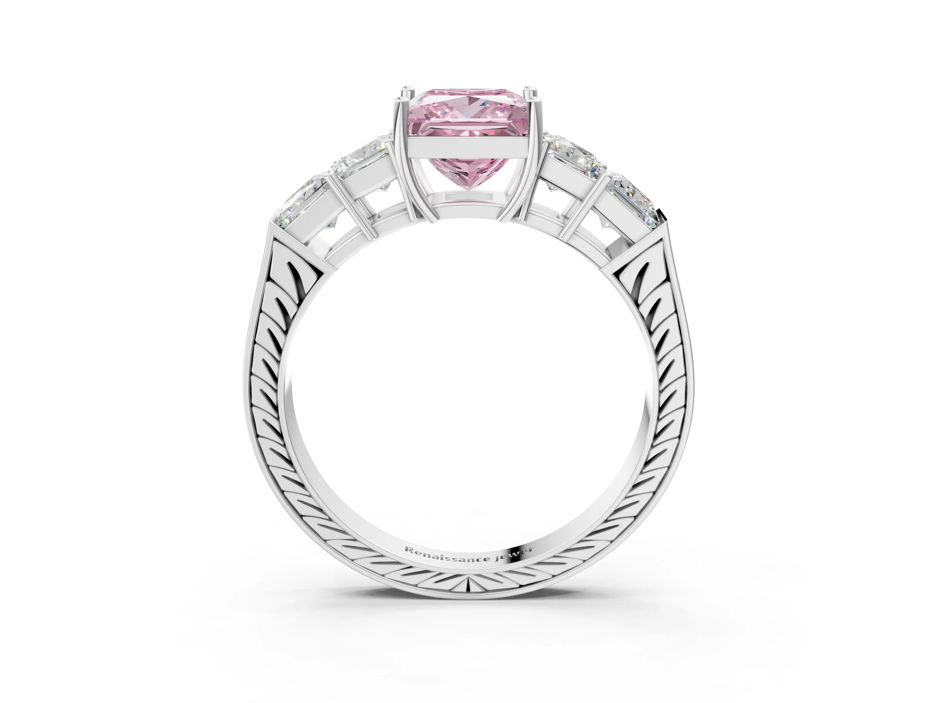 White gold Fancy Pink Princess Cut Solitaire Princess Side Stone Engraved Band Prong Setting Ring_15