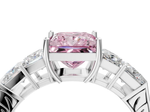 White gold Fancy Pink Princess Cut Solitaire Princess Side Stone Engraved Band Prong Setting Ring_16