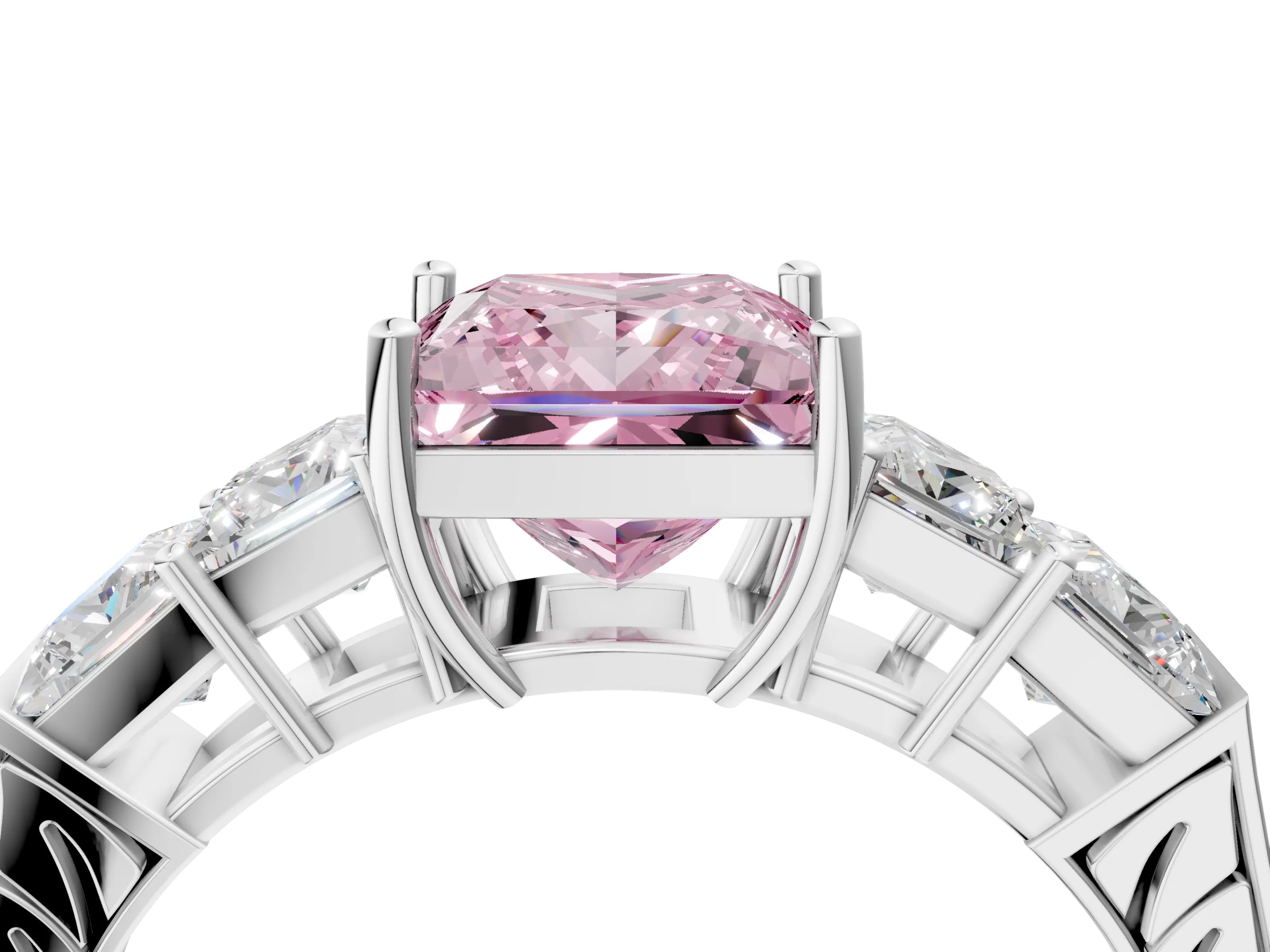 White gold Fancy Pink Princess Cut Solitaire Princess Side Stone Engraved Band Prong Setting Ring_16
