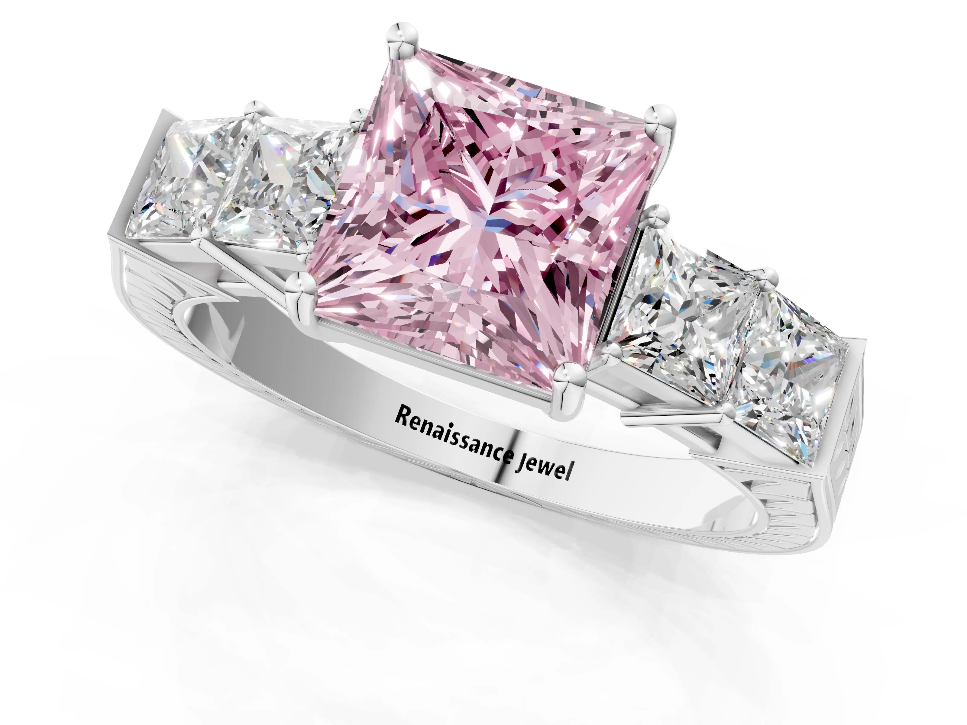 White gold Fancy Pink Princess Cut Solitaire Princess Side Stone Engraved Band Prong Setting Ring_1