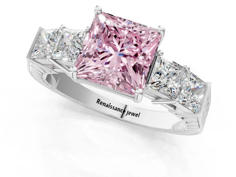 White gold Fancy Pink Princess Cut Solitaire Princess Side Stone Engraved Band Prong Setting Ring_1