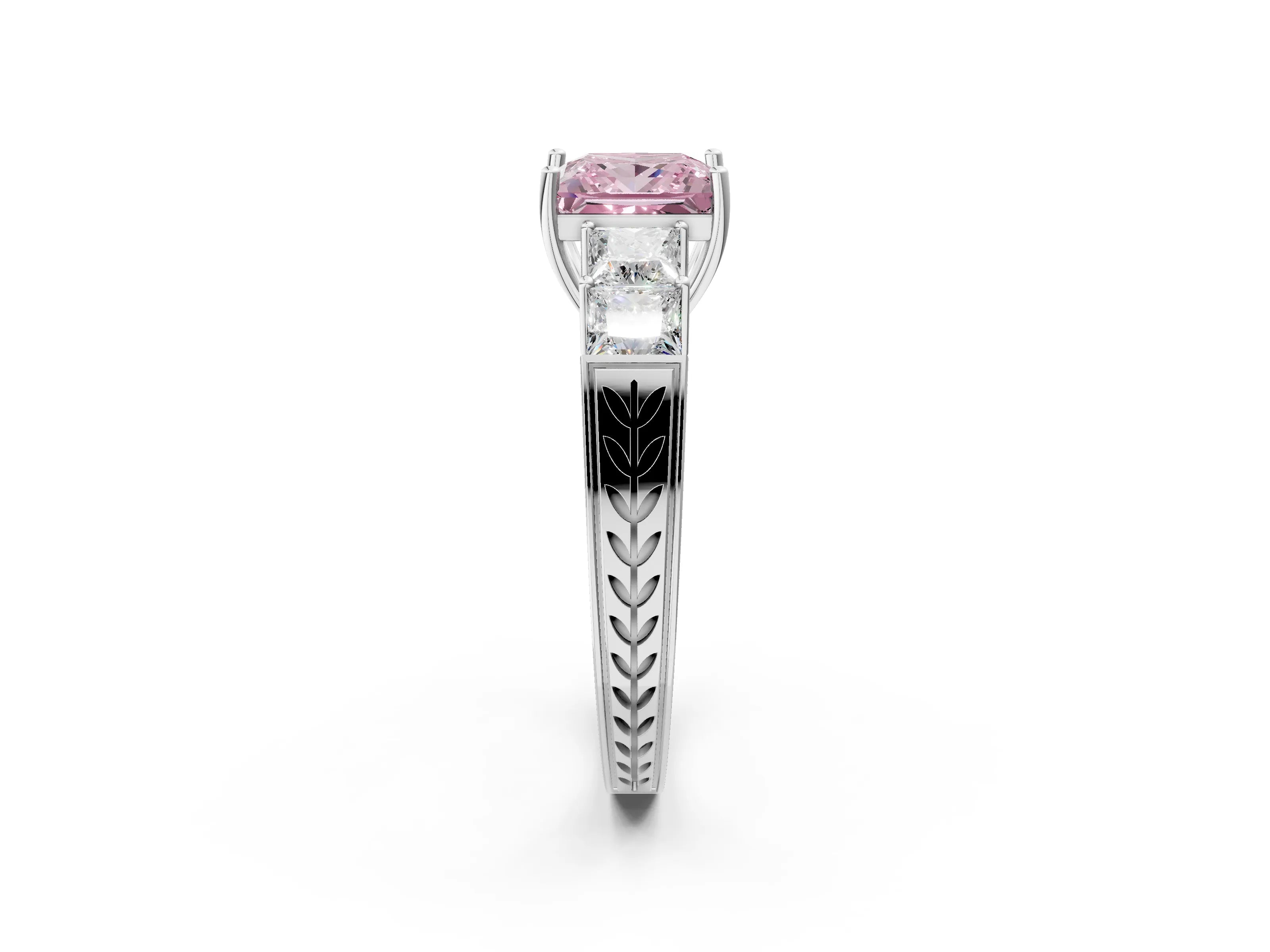 White gold Fancy Pink Princess Cut Solitaire Princess Side Stone Engraved Band Prong Setting Ring_2