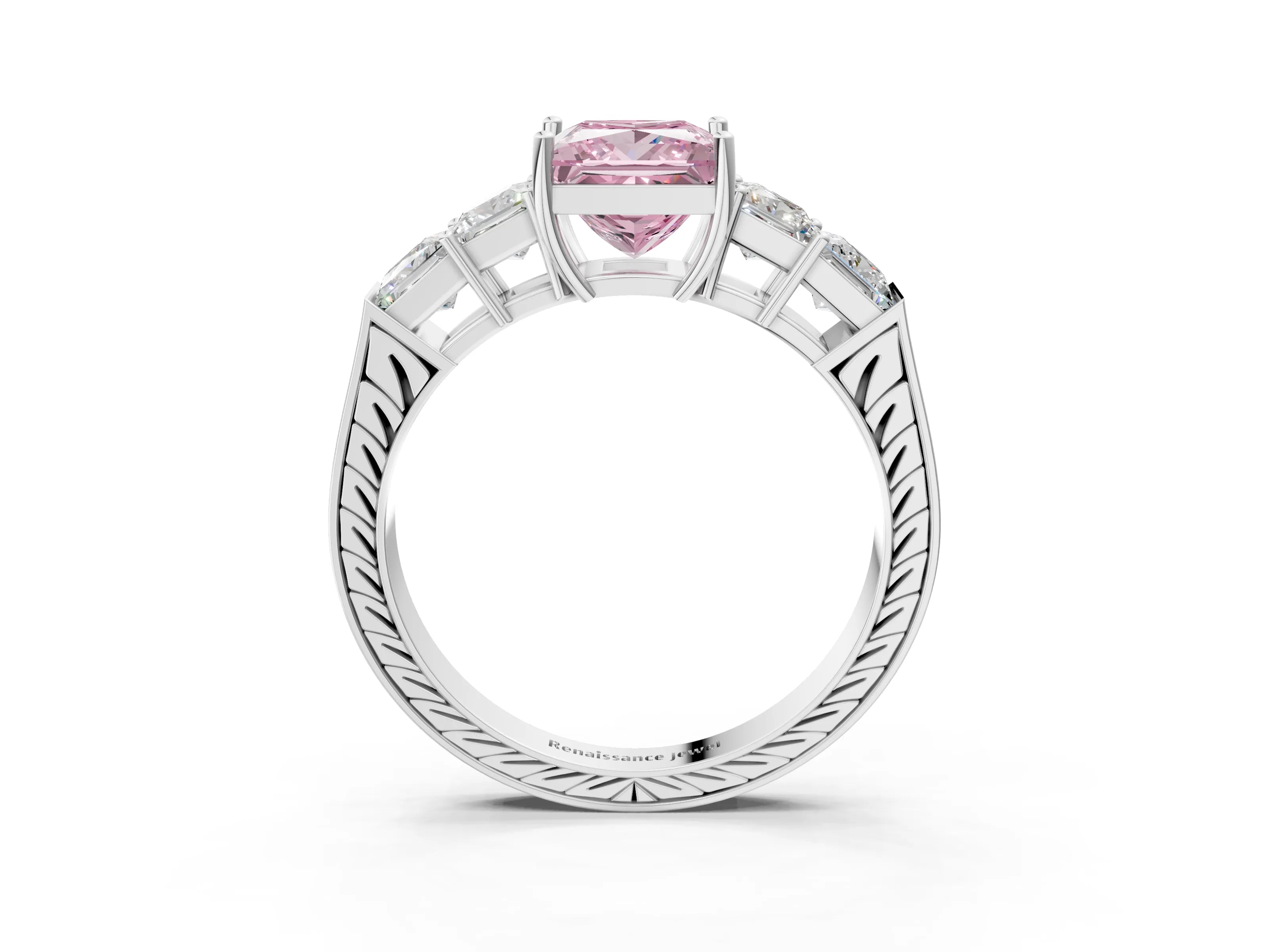 White gold Fancy Pink Princess Cut Solitaire Princess Side Stone Engraved Band Prong Setting Ring_3