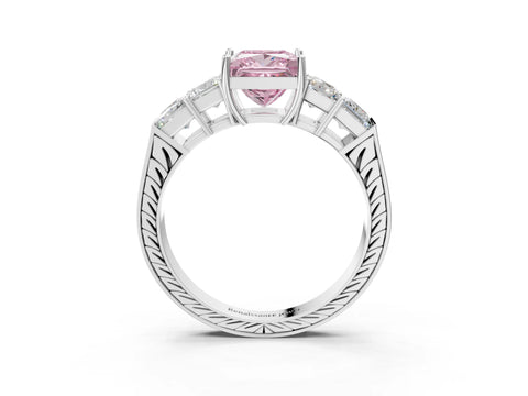 White gold Fancy Pink Princess Cut Solitaire Princess Side Stone Engraved Band Prong Setting Ring_3