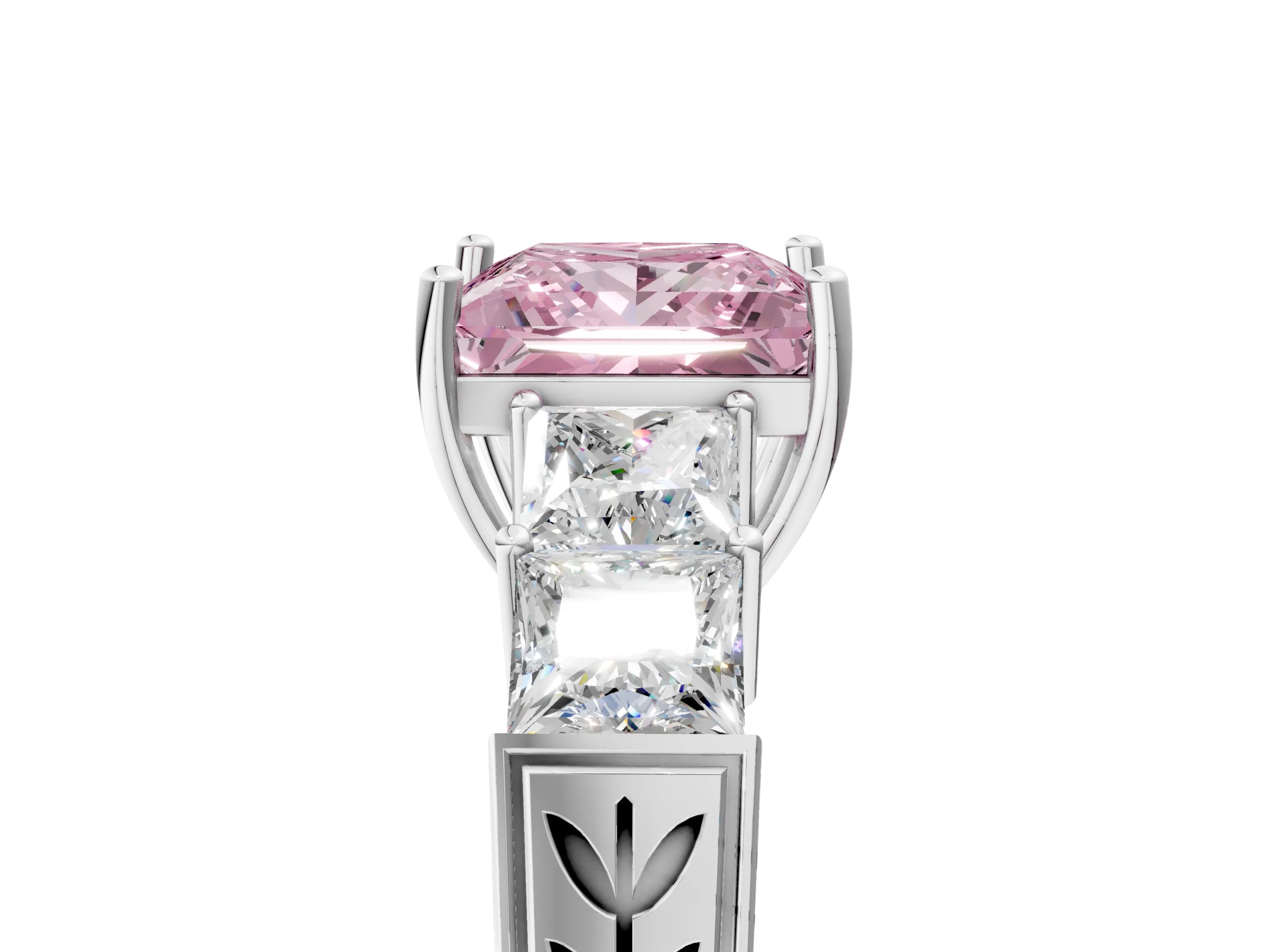 White gold Fancy Pink Princess Cut Solitaire Princess Side Stone Engraved Band Prong Setting Ring_5