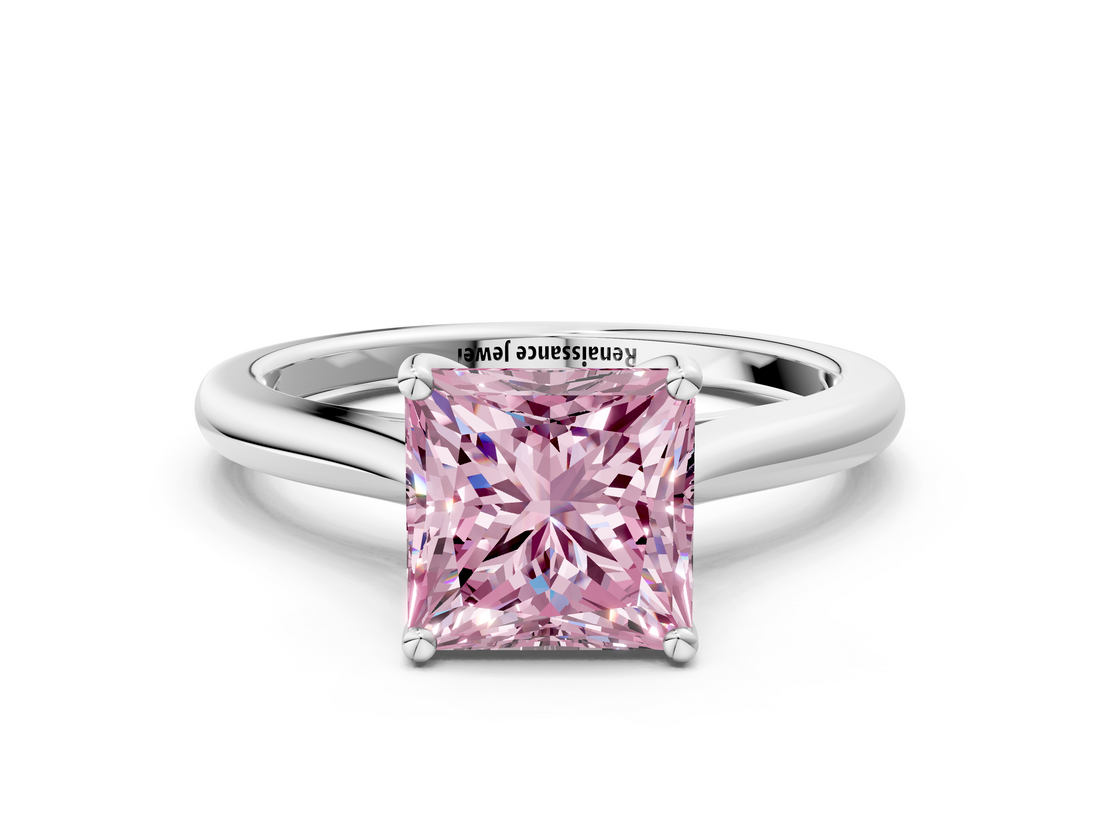 White gold Fancy Pink Princess  Cut Solitaire Ring with Cathedral Band and Four-Prong Setting